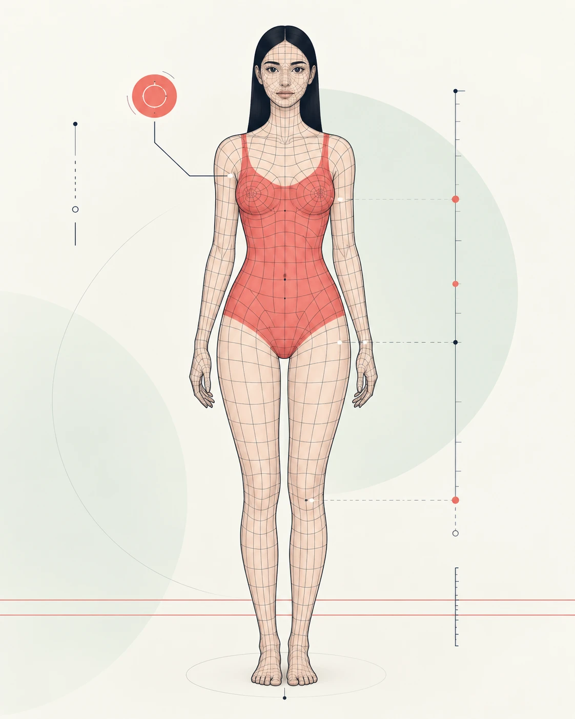 Illustration of a standing figure overlaid with a measurement grid and size markers