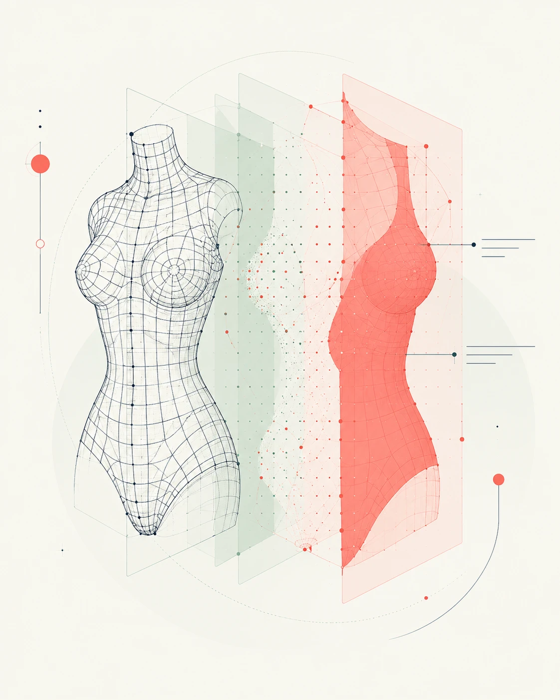 Illustration of a torso wireframe passing through layers to become a fitted garment