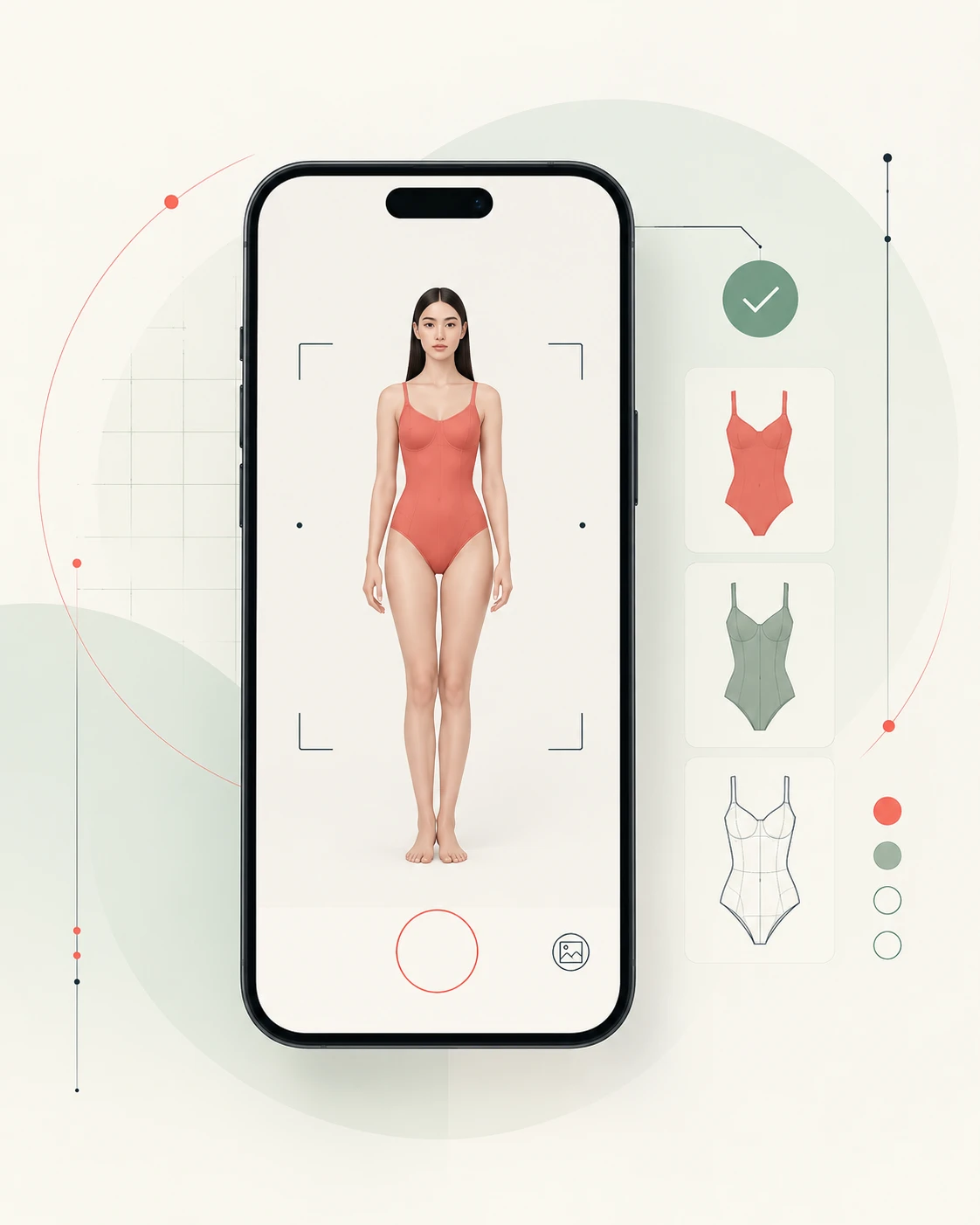 Illustration of a phone showing a virtual try-on screen with garment options beside it
